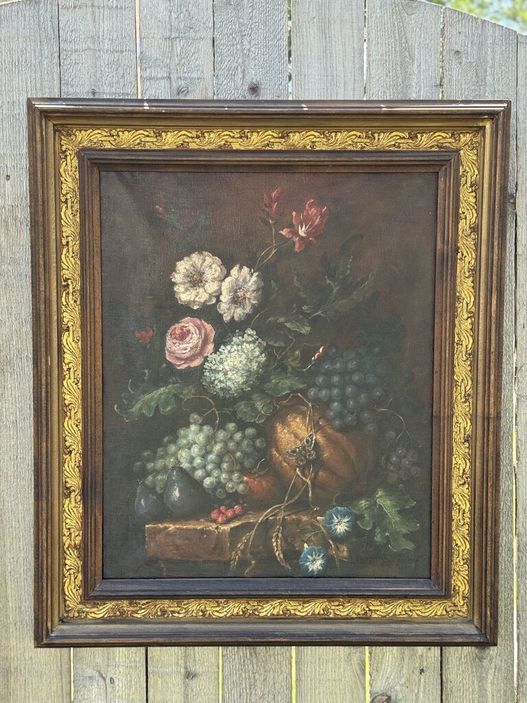19th century European fruit/floral still life oil on canvas art with moth