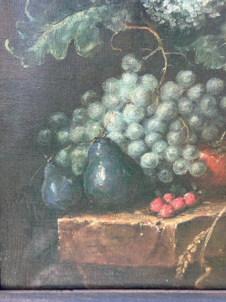 19th century European fruit/floral still life oil on canvas art with moth
