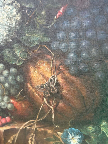 19th century European fruit/floral still life oil on canvas art with moth