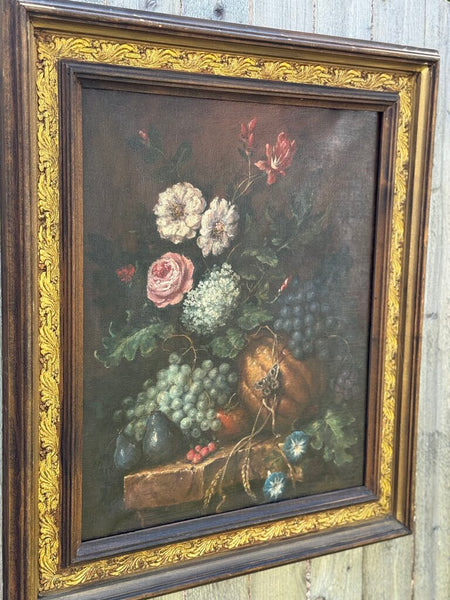 19th century European fruit/floral still life oil on canvas art with moth
