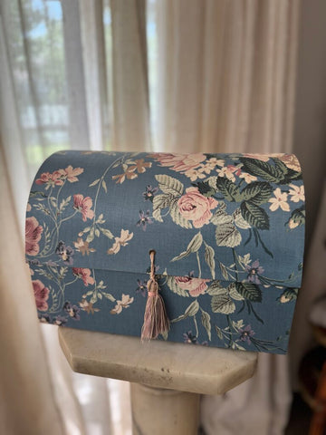 Vintage blue floral cloth wrapped jewelry box -like new