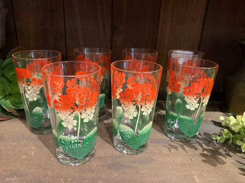 Vintage Red Floral drinking Glasses Set of 7