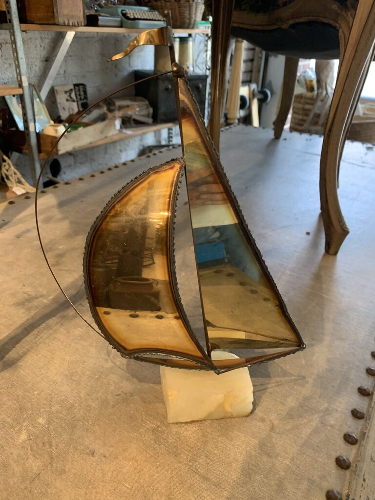 Vintage Mario Jason Brass & Marble MCM Boat~ 8" w x 12" t