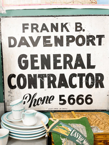 Jens Fresh Vintage ~ Vintage heavy metal Frank'B Davenport contractor sign . 34" wide , by 31.5 tall