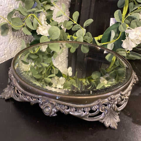 Vintage Mirror Filigree Beveled Mirror Tray 11" diameter