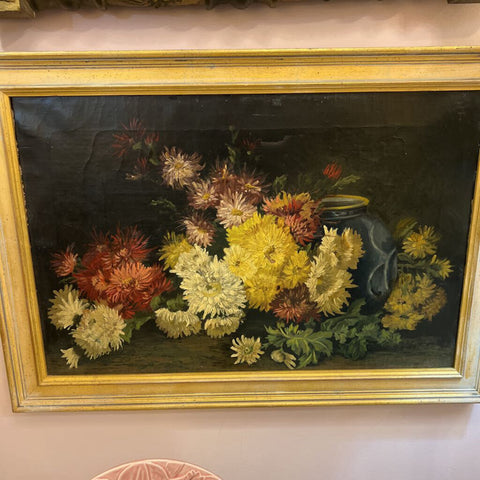 Framed Oil painting, mums, as found, 19 1/2' x 24"