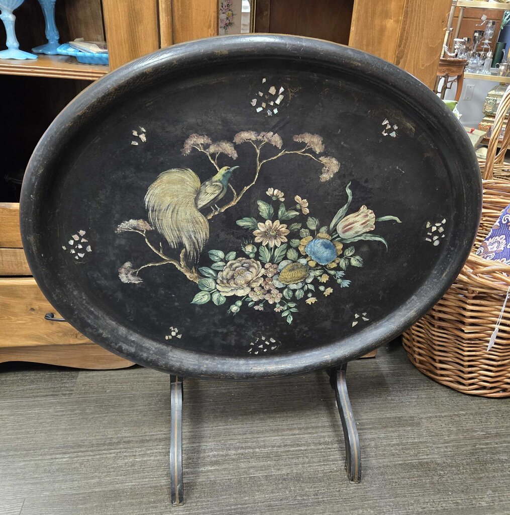 Paper mache old pearl inlaid hand painted top 31 x 25 tilt top table