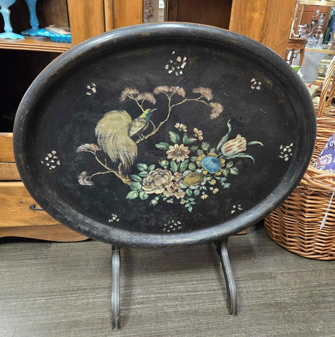 Paper mache old pearl inlaid hand painted top 31 x 25 tilt top table