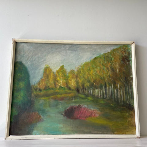 Moxie - Trees Painting In Simple White Primitive Frame - 27 x 20.5"