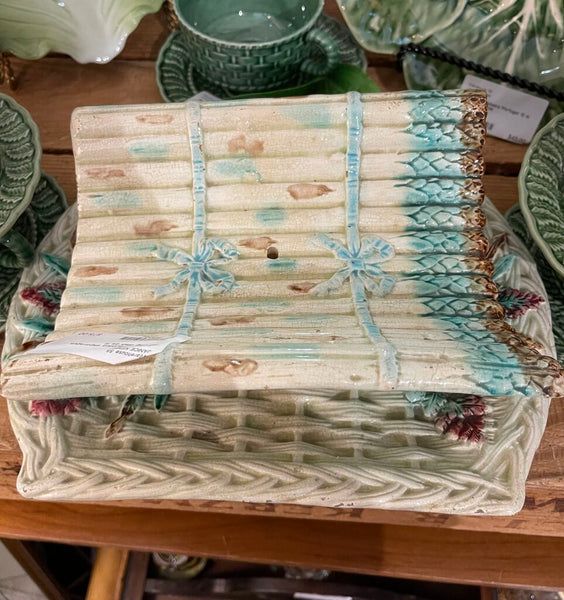 Antique majolica asparagus serving dish as is