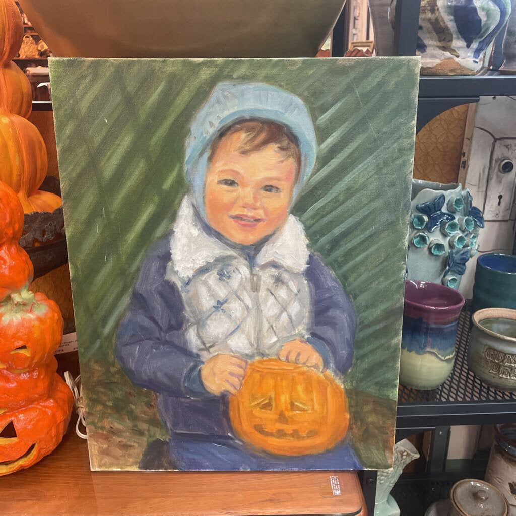 Moxie - Child & Jack O Lantern Painting on Board - 14 x 18