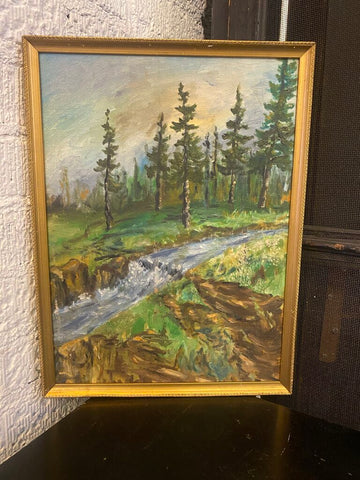 Vintage Stream Oil Painting on Canvas in Gilt Frame 12" x 16"