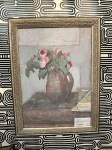Roses in Vase. Antique Art in Frame. 12 x 16