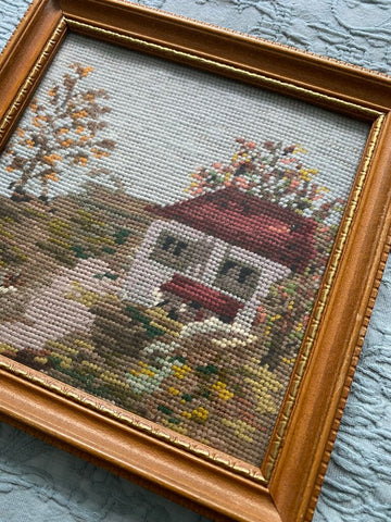 Framed Vintage Cottage Needlepoint Art 10" Square