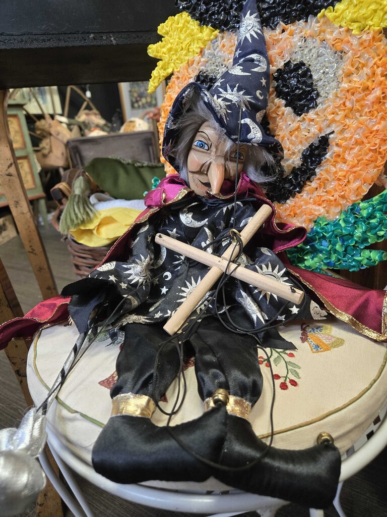 Puppet witch with wood face/hands 21" tall
