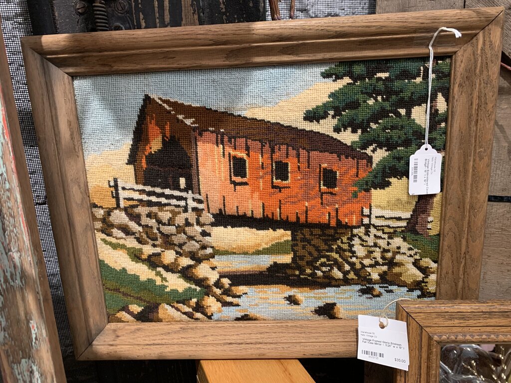 Vintage Embroidered Covered Bridge~ 15" t x 19" l