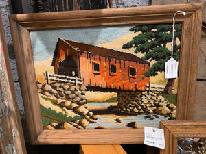 Vintage Embroidered Covered Bridge~ 15" t x 19" l