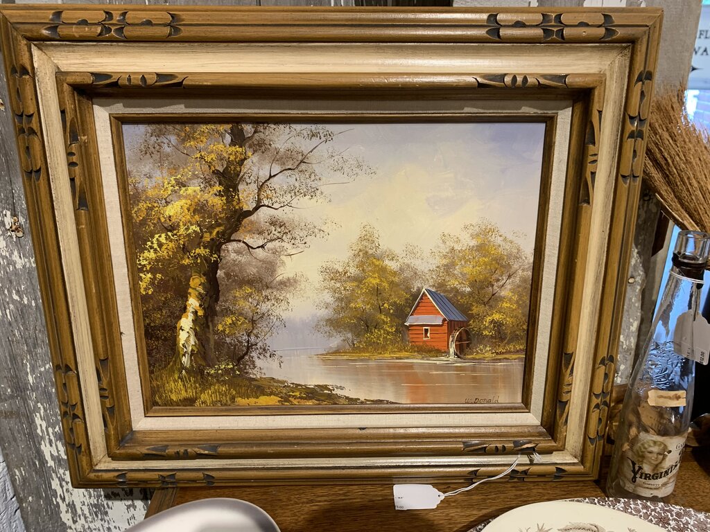 Vintage Fall Lake Scene Oil Painting~ signed W. Donald ~ 19,5" t x 23.25" l
