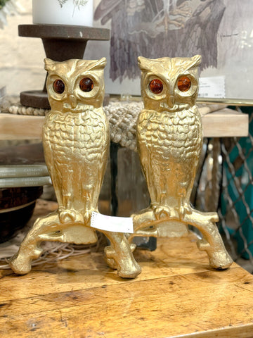 Pair owl gold andirons with glass eyes (vintage)