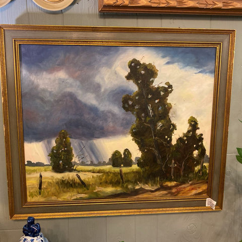 Vintage Signed Oil Landscape Painting w/ Stormy Skies