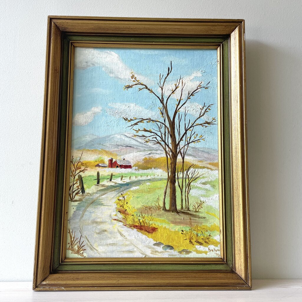 Moxie - 1973 Folky Barn In Country Painting on Board - 13 x 17