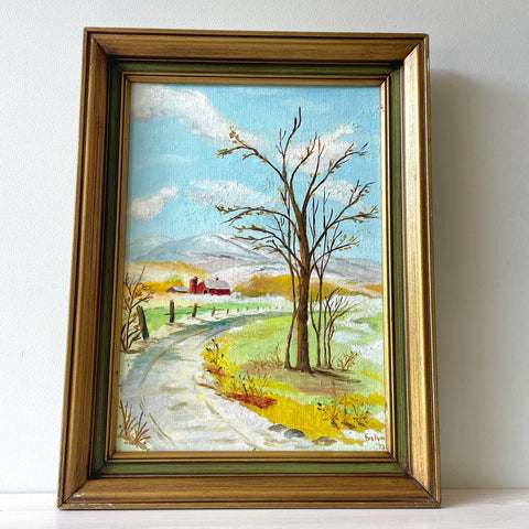 Moxie - 1973 Folky Barn In Country Painting on Board - 13 x 17