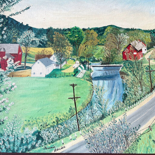 Moxie - Folky Fannie Bender Painting - Barns and Road - 27 x 21