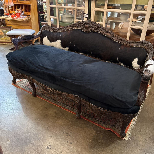 Cowhide and Velvet Couch 75L 28D 38H IN STORE PICKUP ONLY