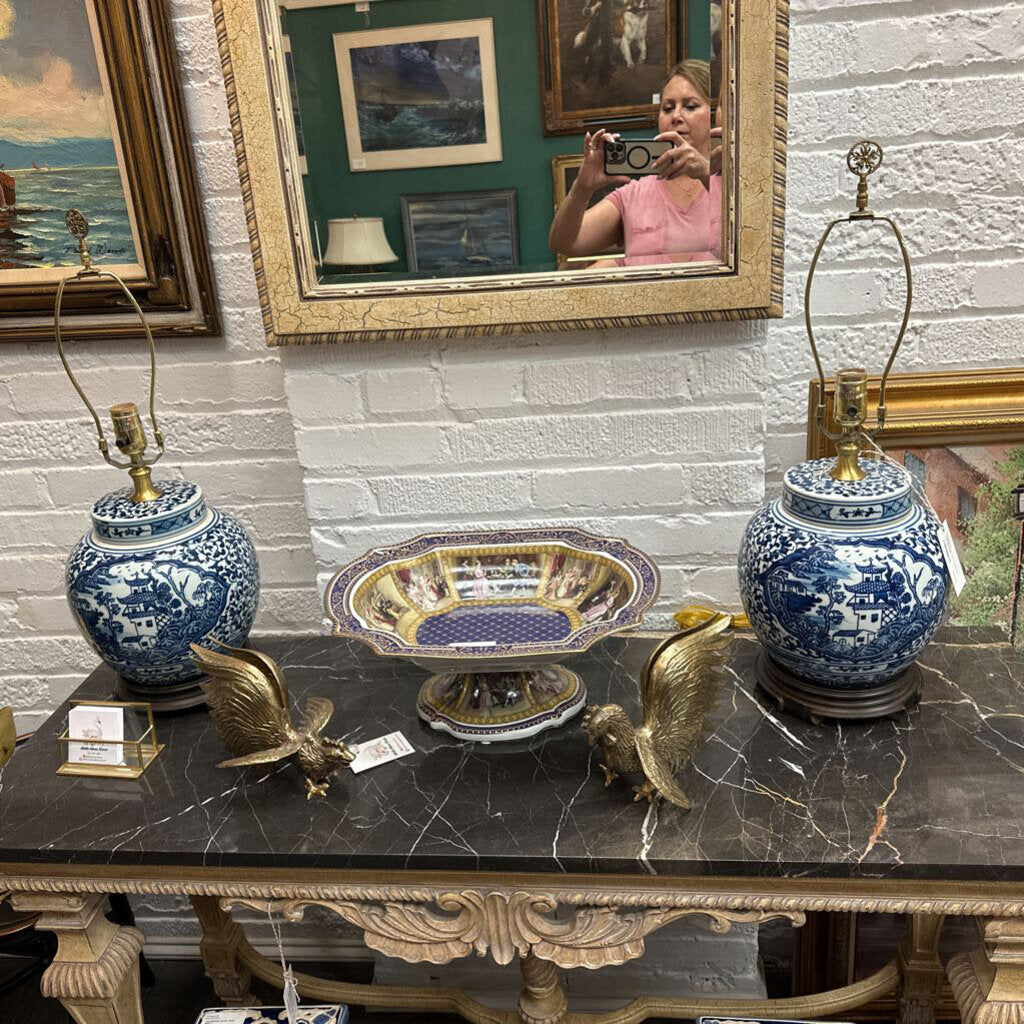 Pair Blue and White Chinoiserie Lamps 25x9"