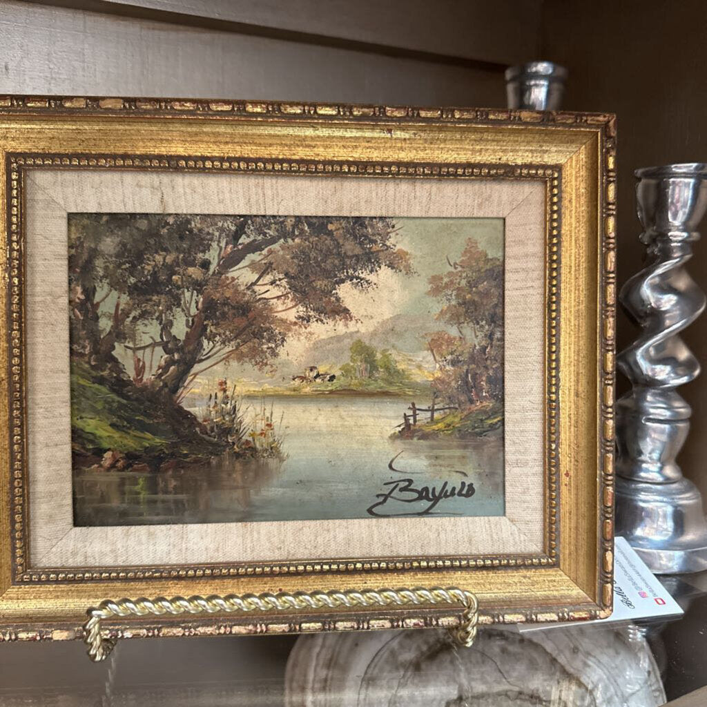 Framed Oil, Snow Covered Peaks Signed Riston 8 x6.5"