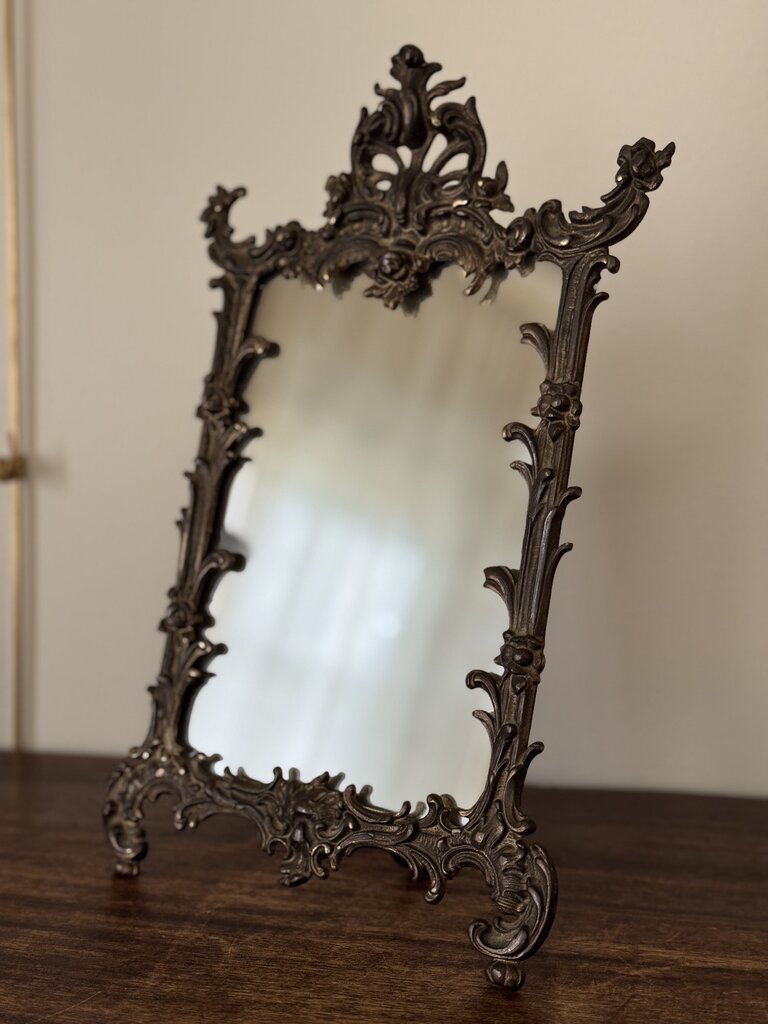 Antique Rococco ornate brass tabletop mirror