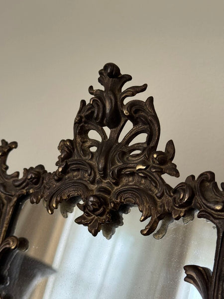 Antique Rococco ornate brass tabletop mirror