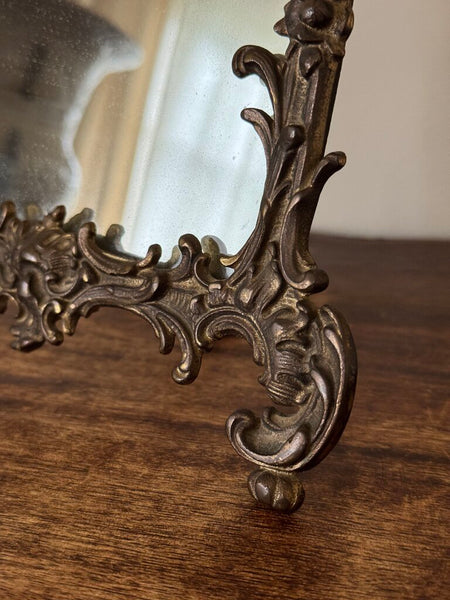 Antique Rococco ornate brass tabletop mirror