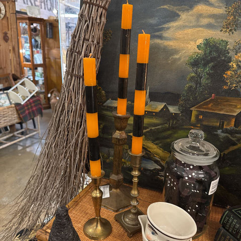 TRIO OF BRASS CANDLESTICKS - HALLOWEEN CANDLES INCLUDED