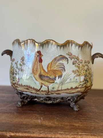Vintage Castilian hand painted porcelain and bronze chicken planter