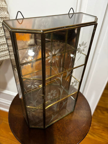 Vintage Etched Glass Brass Display Case Curio Cabinet Mirrored Back Wall Shelf