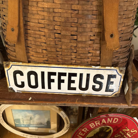 Antique French Enamel Coiffeuse (Hairdresser) sign as is