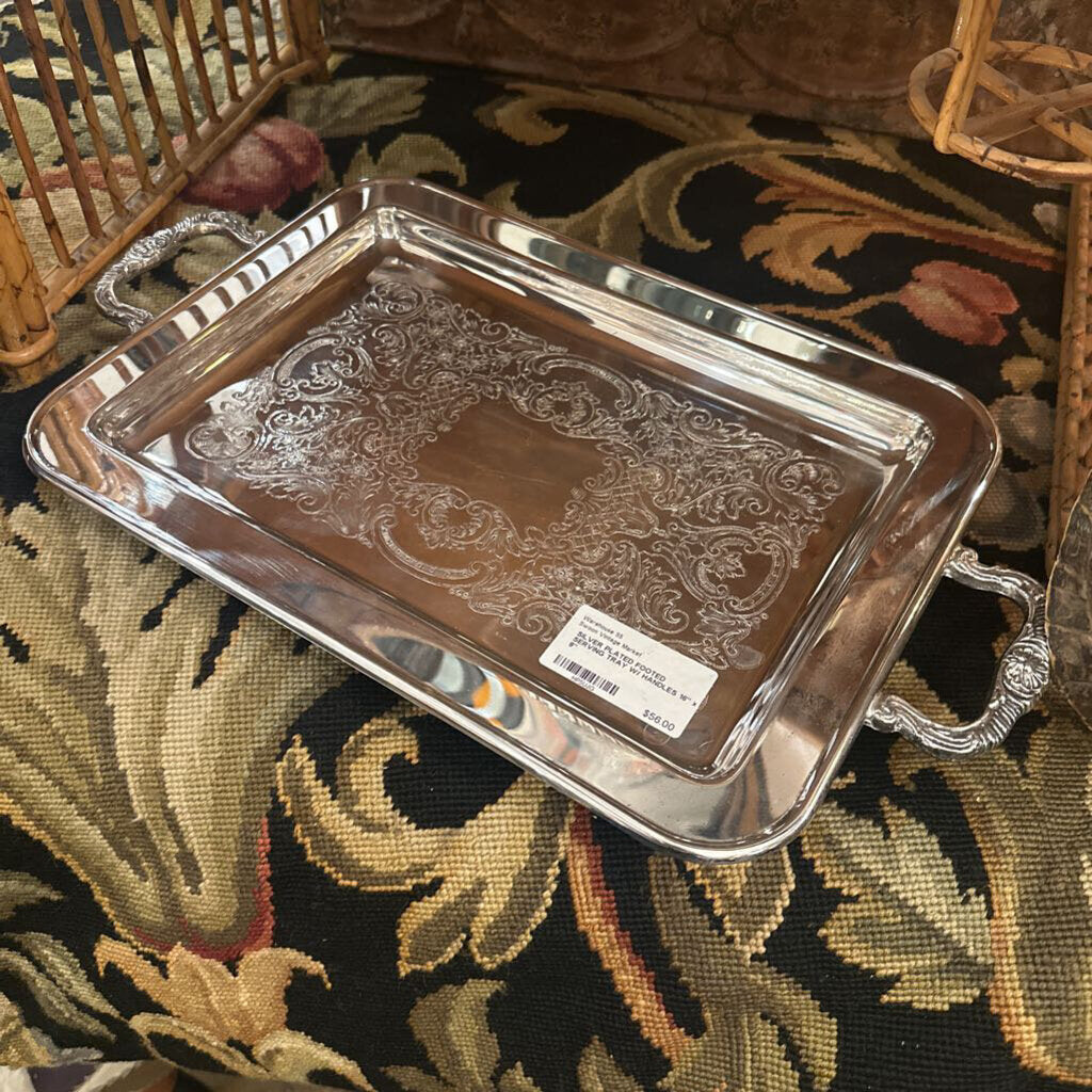 SILVER PLATED FOOTED SERVING TRAY W/ HANDLES 16" x 9"