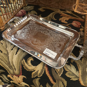 SILVER PLATED FOOTED SERVING TRAY W/ HANDLES 16" x 9"