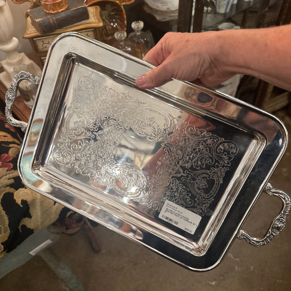 SILVER PLATED FOOTED SERVING TRAY W/ HANDLES 16" x 9"