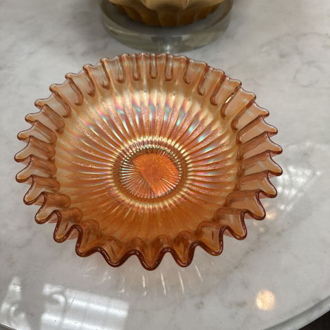 Fenton Stippled Rays Marigold Iridescent 7" Carnival Glass Bowl Dish Antique