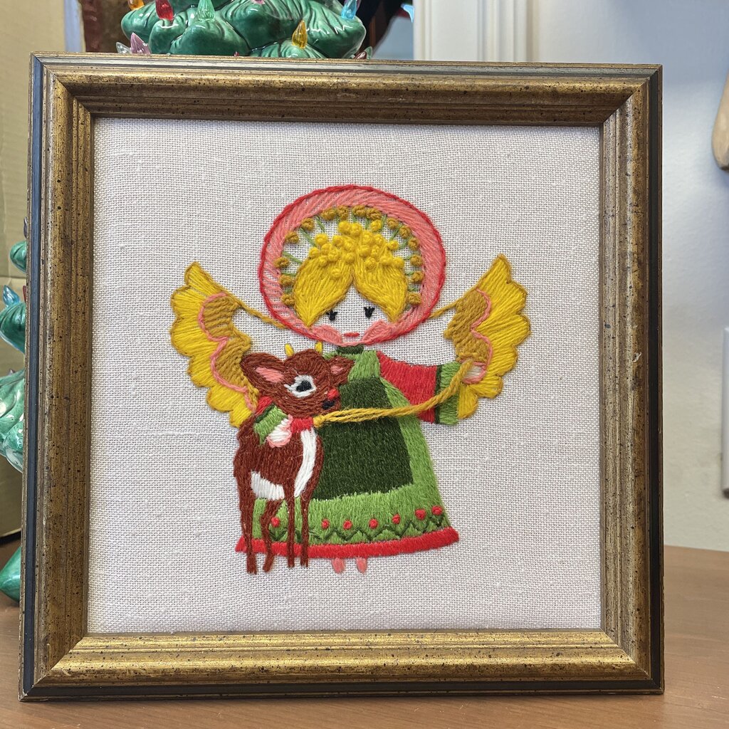 Moxie - 1970s Angel With Deer Crewel - 9.5 x 9.5