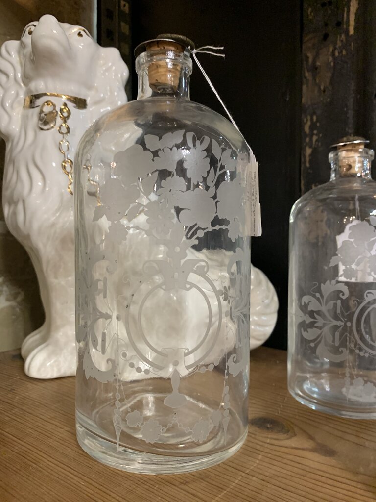 Vintage Etched Glass Bottle~ 3.75" w x 9" t