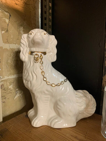 Vintage Porcelain Staffordshire Type Dog Statue White & Gold Painted ~ 3.5" w x 9.25" l x 11.5" t