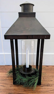 Vintage Copper Lantern w/Glass Hurricane & Candle 11x23
