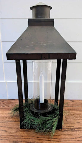 Vintage Copper Lantern w/Glass Hurricane & Candle 11x23
