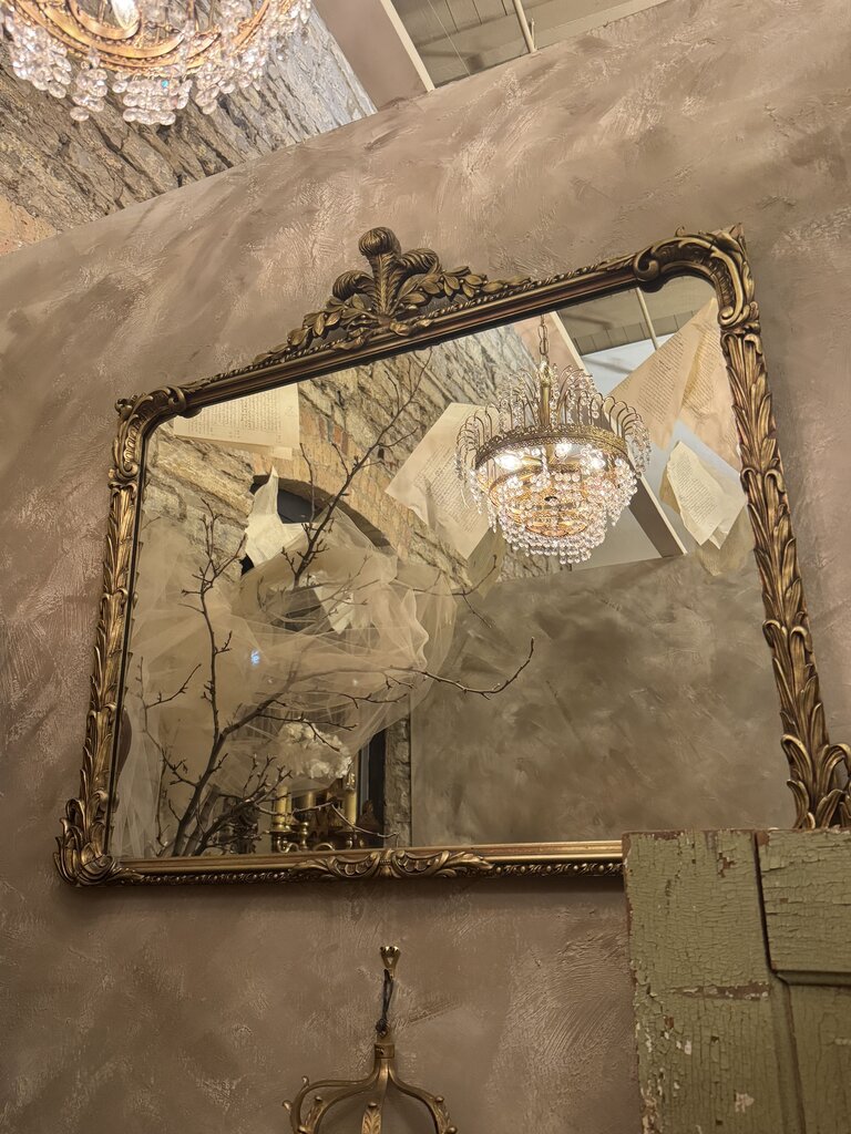 0317 Antique wood gilt wall mirror with fleur de lis top