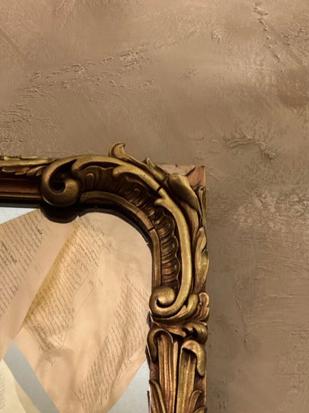 0317 Antique wood gilt wall mirror with fleur de lis top