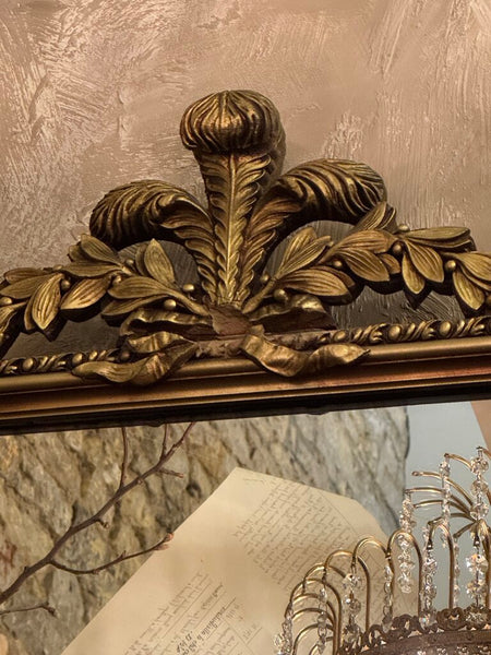 0317 Antique wood gilt wall mirror with fleur de lis top