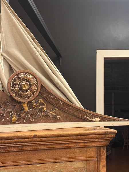 0394 Rustic large wood carved salvage pediment